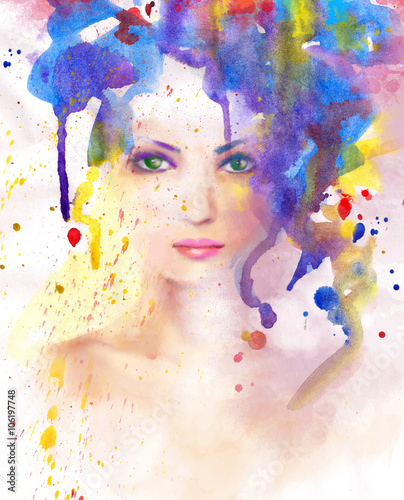 Spring woman. Abstract portrait beautiful watercolor, hand painted drawing