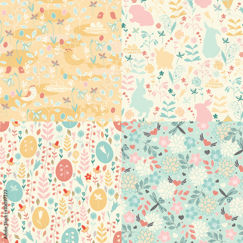 Seamless patterns Easter theme with hand painted funny bunnies  eggs and birds.