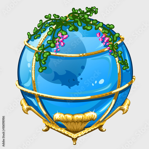 Round aquarium with gold trim and lonely fish