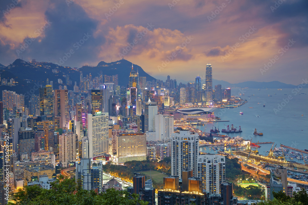 Hong Kong. Image of Hong Kong skyline during dramatic sunset.
