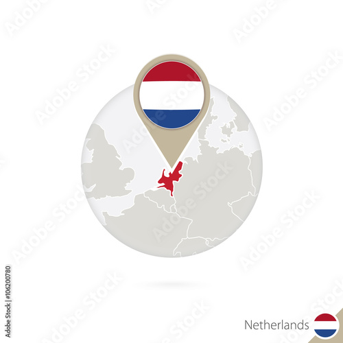 Netherlands map and flag in circle. Map of Netherlands.