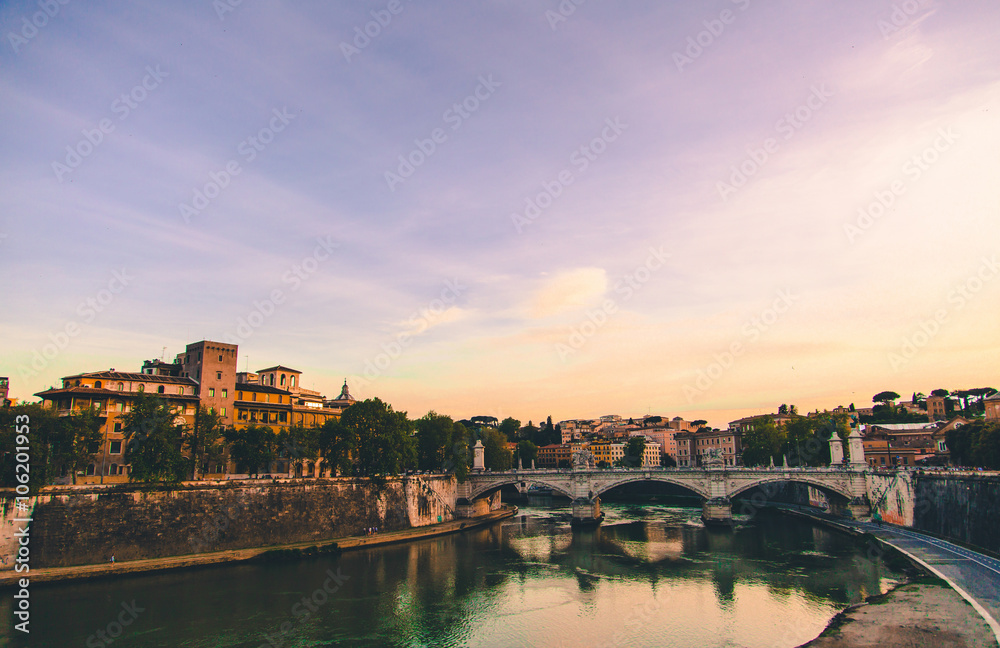 River Tiber and bridges in the old city of Rome