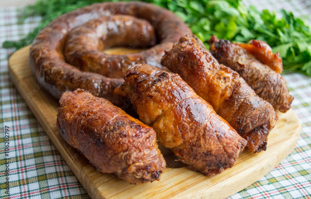 Meat rolls and pork sausage
