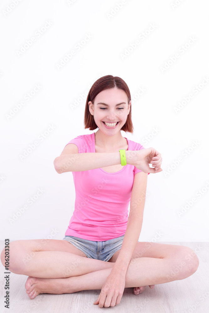 smile woman look smart watch smile woman look smart watch