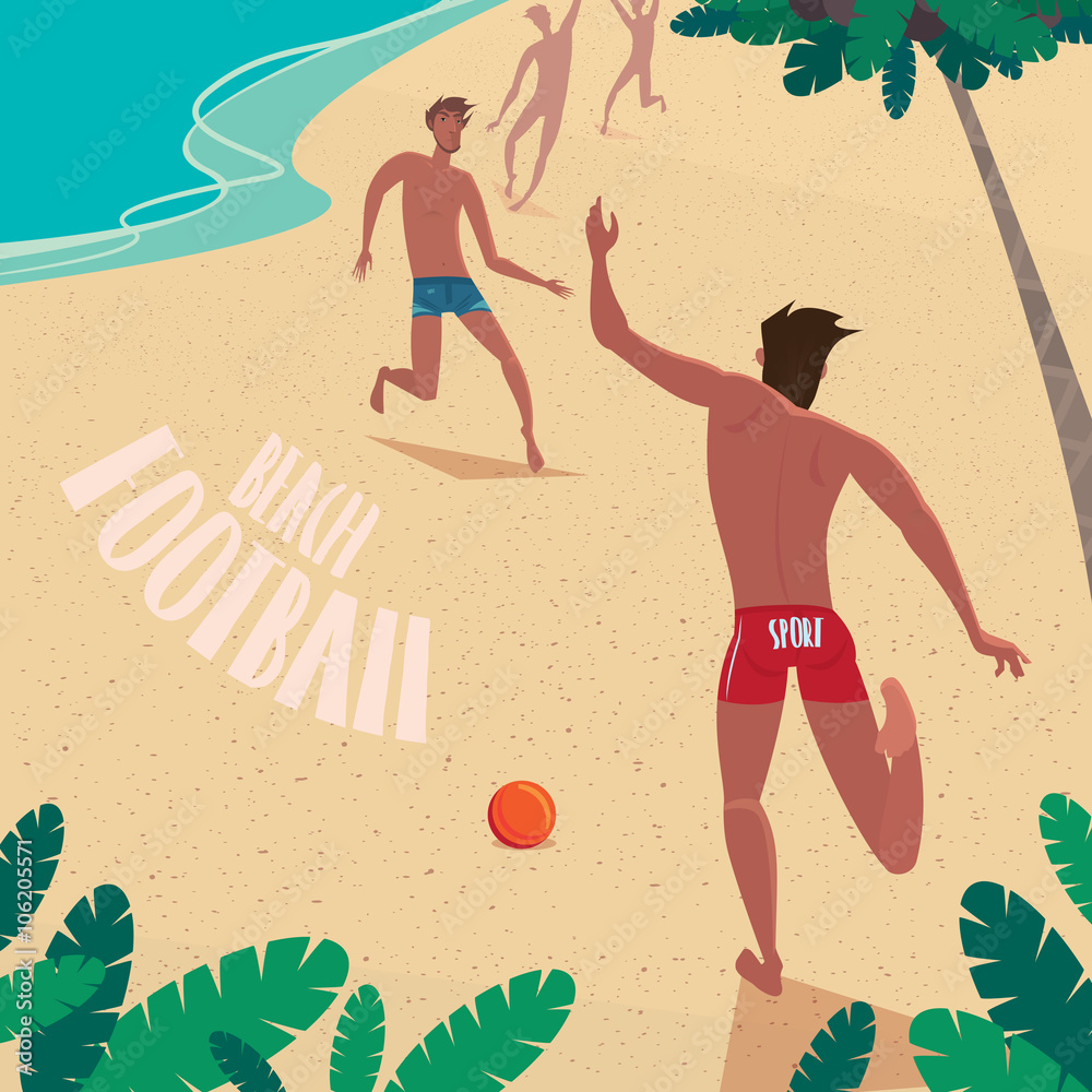 Guy kicks the ball on the beach - Beach soccer or football concept