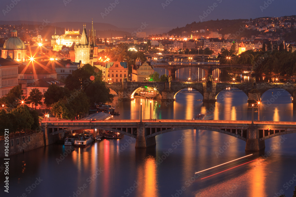 Prague bridges in the night, Prague, Czech Republic, Europe