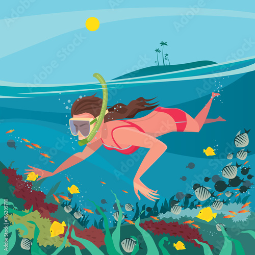 Cute girl in red swimsuit swimming under water with mask and snorkel around the coral reef - Underwater world or snorkeling concept