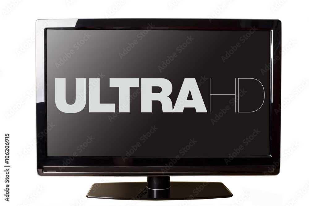 Modern LCD TV isolated on white with Ultra HD text on Modern LCD TV isolated on white with Ultra HD text on