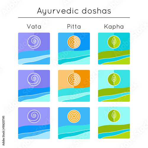 Ayurveda vector illustration. Ayurvedic elements. Set of flat icons with ayurvedic doshas vata, pitta, kapha.  Ayurvedic body types. Ayurvedic symbols in linear style. Alternative medicine.