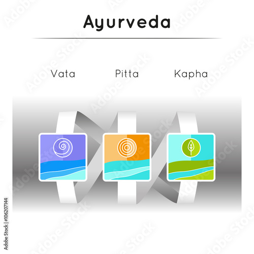 Ayurveda vector illustration. Ayurvedic elements. Ayurvedic doshas vata, pitta, kapha.  Ayurvedic body types. Infographic with flat icons. Ayurvedic symbols in linear style. Alternative medicine.