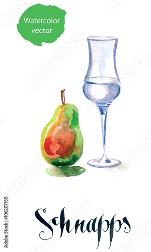Schnapps glass filled with clear liquid and pear