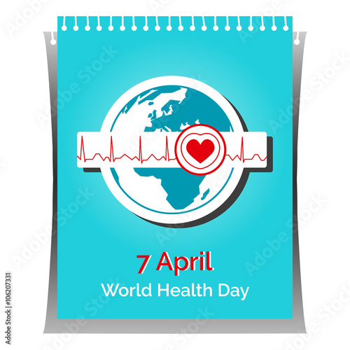 Vector poster for 7 April, World Health Day. The Earth in blue and white colors in flat style. Linear tear-off calendar with globe and normal cardiogram as concept for World Health Day. 