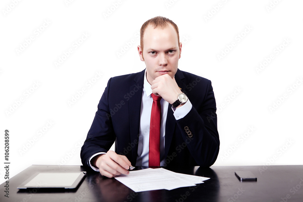 Counterparty at the table with tablet before signing. Isolated on white background Counterparty at the table with tablet before signing. Isolated on white background