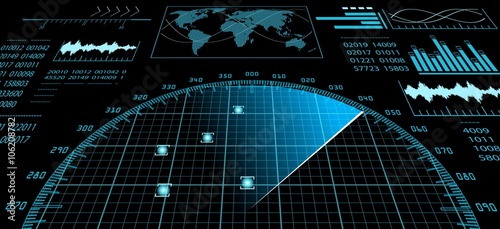 Radar screen with futuristic user interface HUD.