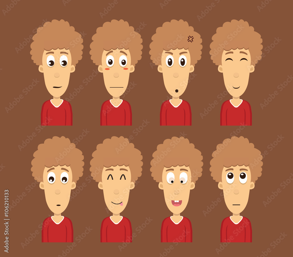 Fototapeta premium Attractive brown haired boy with different expressions collection. Vector Isolated
