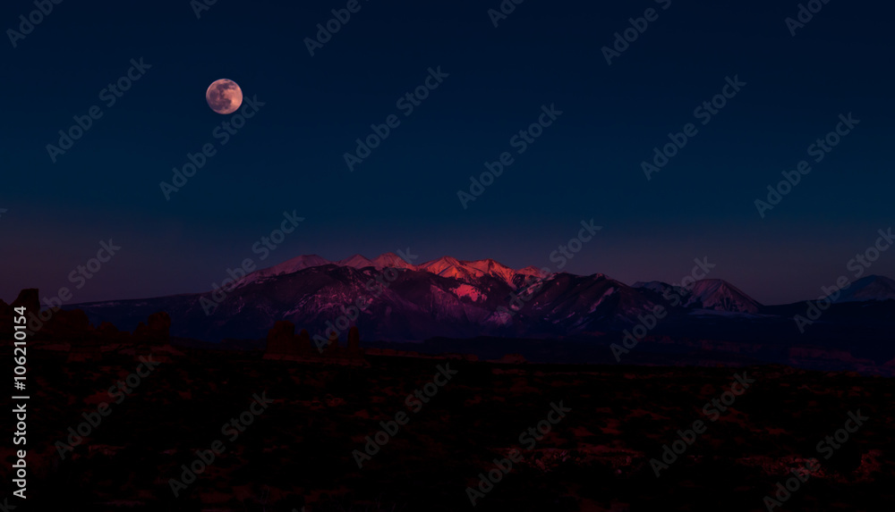 Full Moon Rising above La Sal Mountains Arches National Park