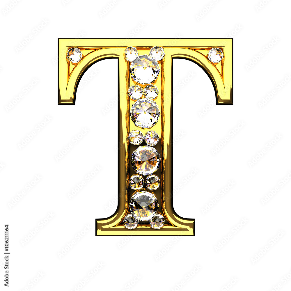 t isolated golden letters with diamonds on white t isolated golden letters with diamonds on white