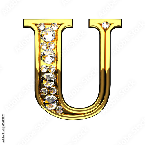 u isolated golden letters with diamonds on white