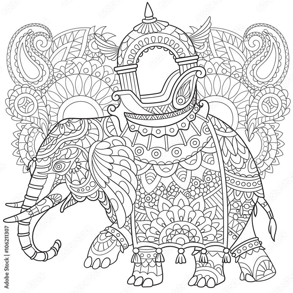 Zentangle stylized cartoon elephant with paisley and mehndi symbols. Sketch for adult antistress coloring page. Hand drawn doodle, zentangle, floral design elements for coloring book.