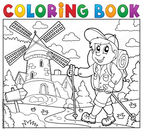 Coloring book hiker near windmill