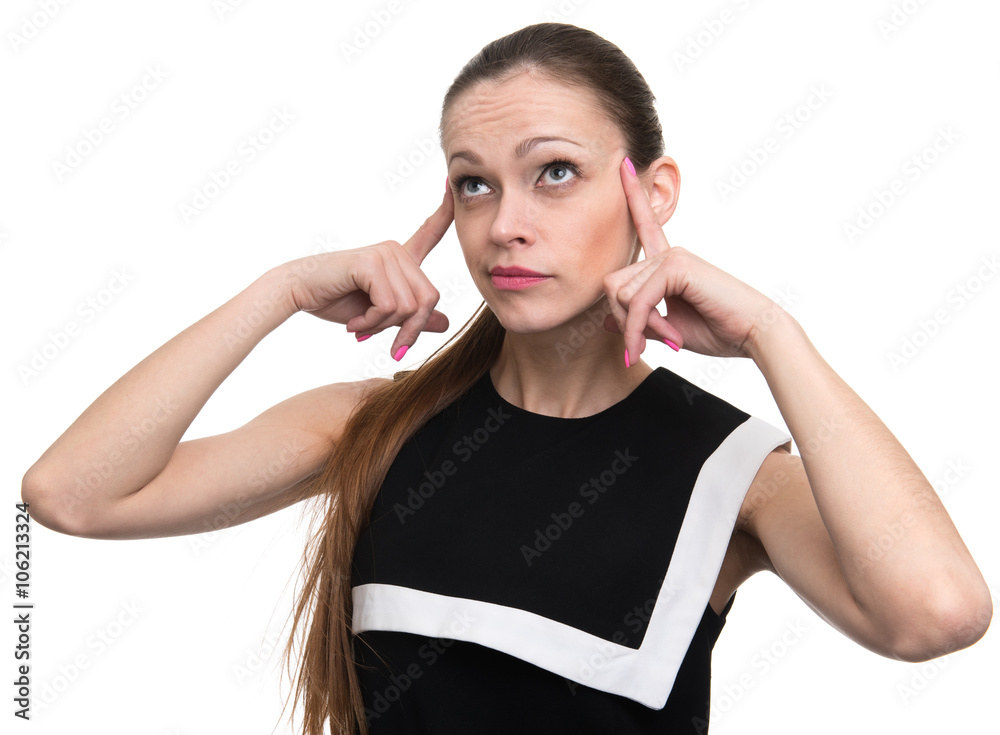 young woman thinking and looking up at copy space young woman thinking and looking up at copy space