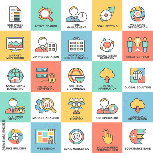 Modern SEO contour icons of web optimization, marketing.