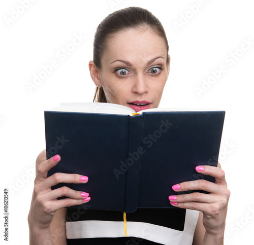 surprised young business woman looking at diary