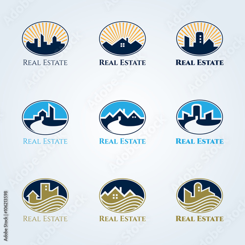 Real Estate logo vector set design  - home and tower in ellipse frame