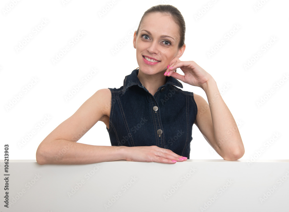 Young woman with blank board banner, isolated Young woman with blank board banner, isolated