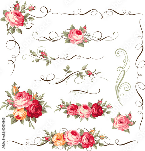 Set of calligraphic floral elements