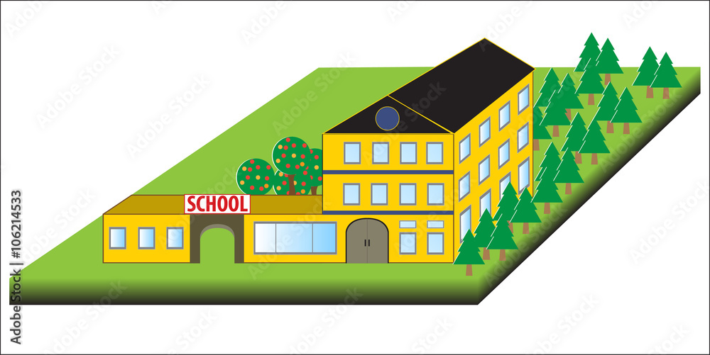 School vector background. Cartoon school building. School illustration. School garden, school playground. Opened school, school view landscape. City building, Building vector
