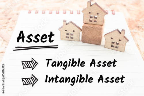 word asset tangible and intangible on note paper small wooden house background