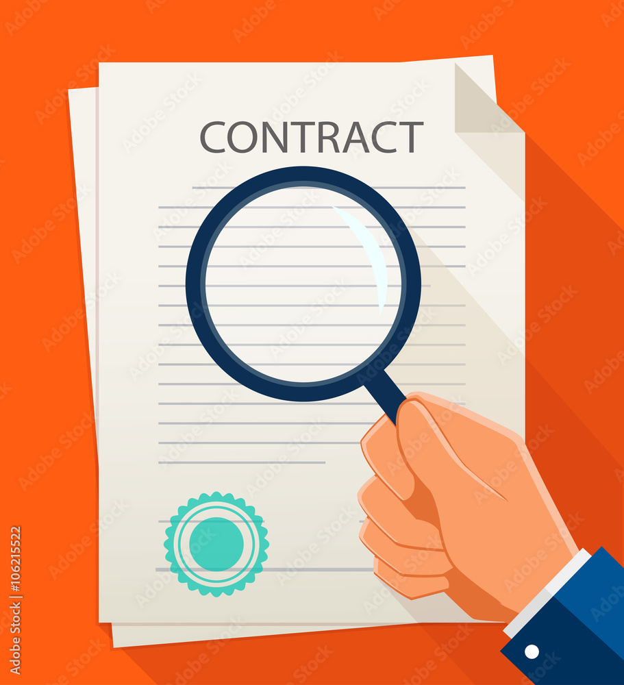 Vector business contract and magnifier. Analyzing document. Vector business contract and magnifier. Analyzing document.