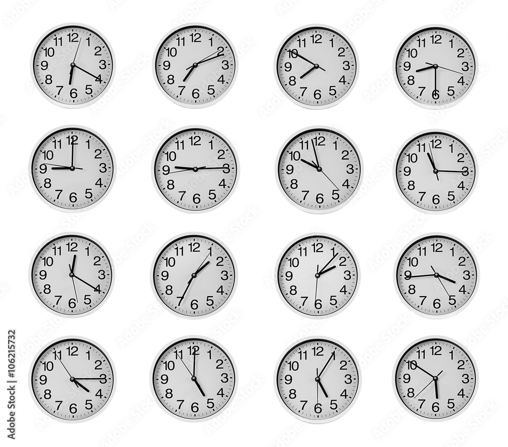 Collage of round wall clocks, isolated on white Collage of round wall clocks, isolated on white