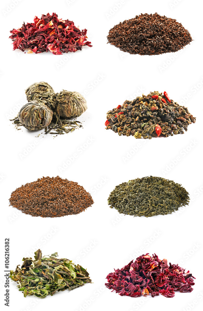 Fototapeta Assortment of dry tea, isolated on white