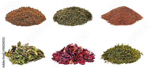 Assortment of dry tea, isolated on white