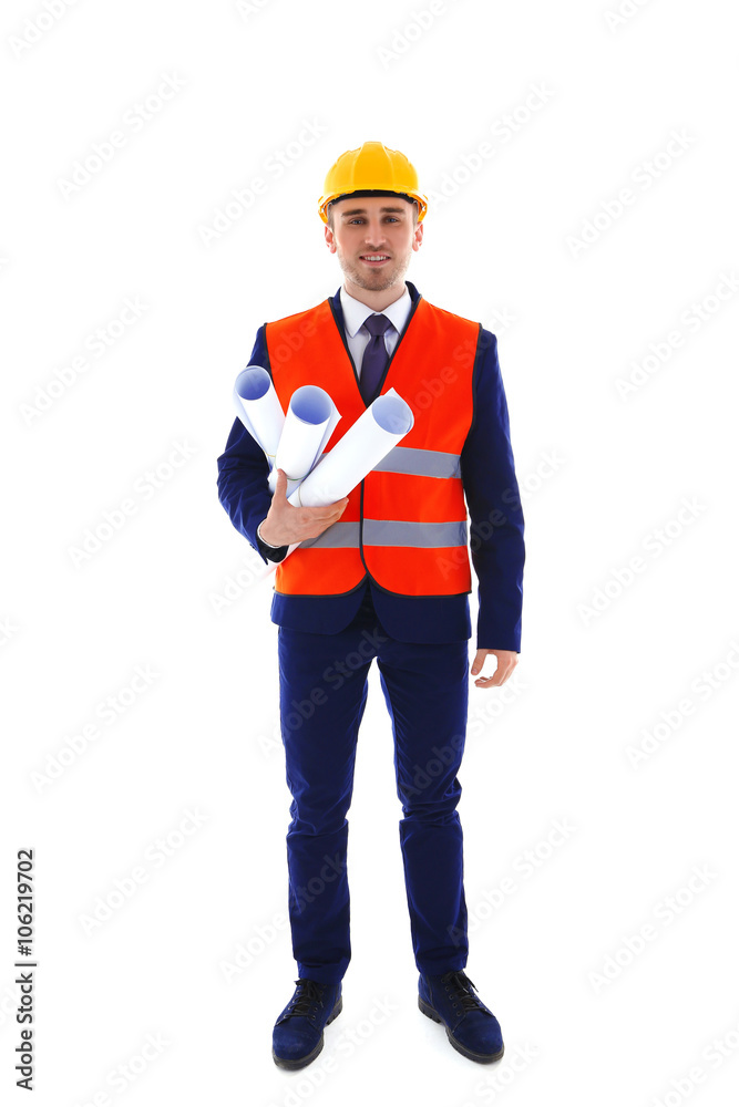 Professional engineer with blueprint, isolated on white Professional engineer with blueprint, isolated on white