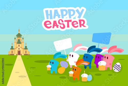 Group Rabbits Hold Placard Eggs Go To Church Happy Easter Holiday Banner 