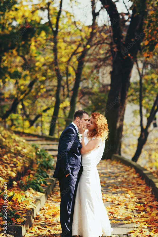 stylish luxury red haired bride and elegant groom, hugging in th