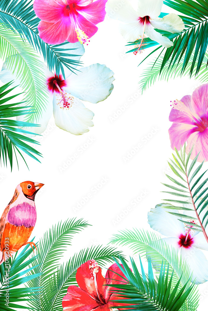 Illustration frame hibiscus flowers, palm branch and a tropical bird on a white background
