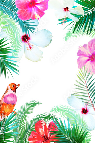 Illustration frame hibiscus flowers  palm branch and a tropical bird on a white background