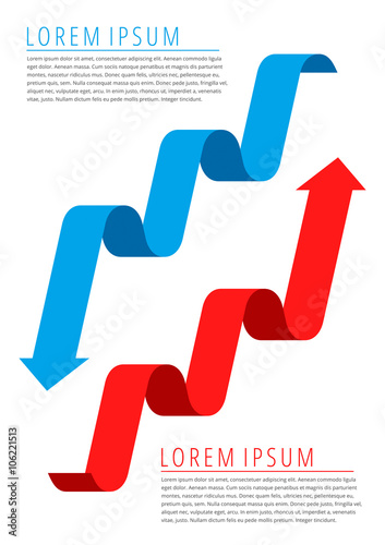 A pair of arrows represented increase profit and recession business. Flat thin line infographic template. Red progress arrow and blue recession arrow. Increase decrease graphs concept diagram chart.