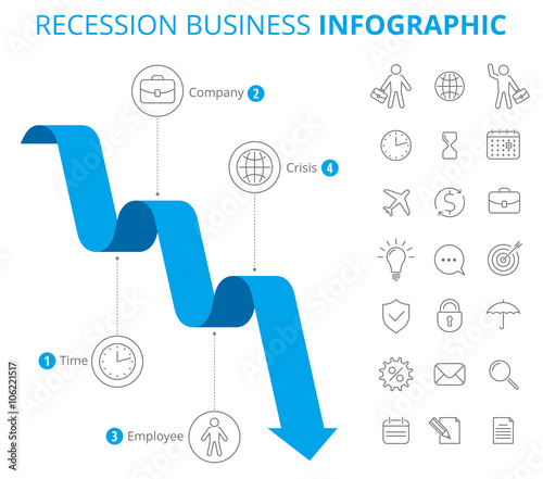 Vector flat line infographic elements. Downward blue arrow and icons represent process of recession business. Vector illustration of decrease arrow and business icon set isolated on white background.