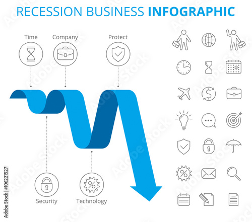 Infographic design template. Vector flat line infographic elements. Downward blue arrow and icons depict recession business. Vector illustration of decrease arrow and isolated business icon set