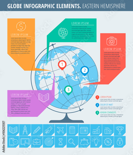 Infographic elements. Education and business infographic concept. Thin line illustration of globe, eastern hemisphere map, business icon set. Infographic vector flat design template, infographic map.