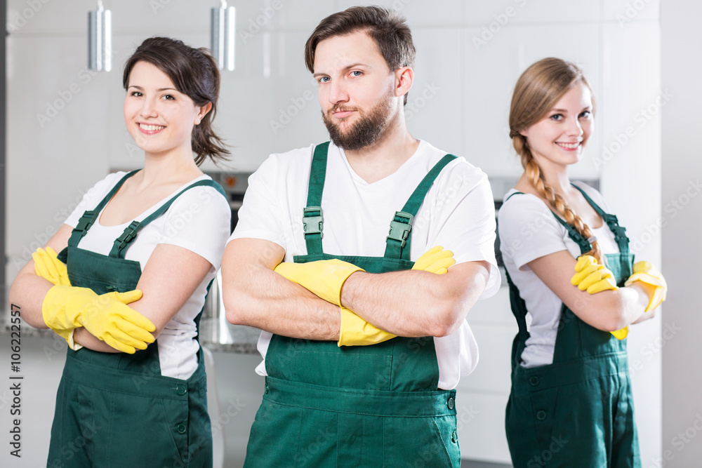 Cleaning team ready to clean the dirtiest room Cleaning team ready to clean the dirtiest room