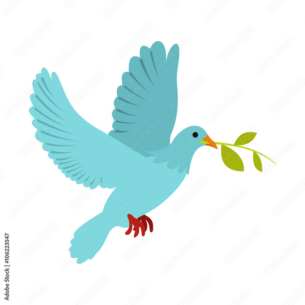 Obraz premium Dove of peace flying with a green twig olive icon