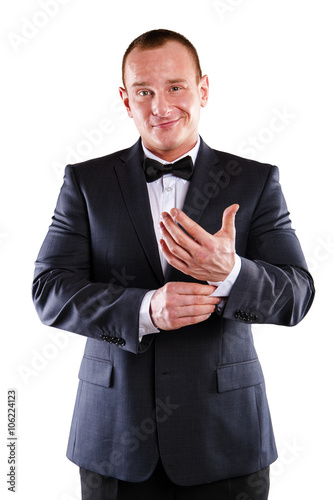 Businessman isolated over white background, smiling.