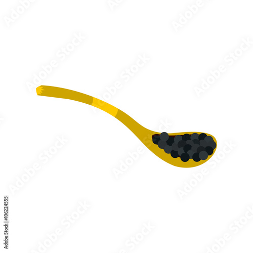 Black caviar in spoon icon, flat style 