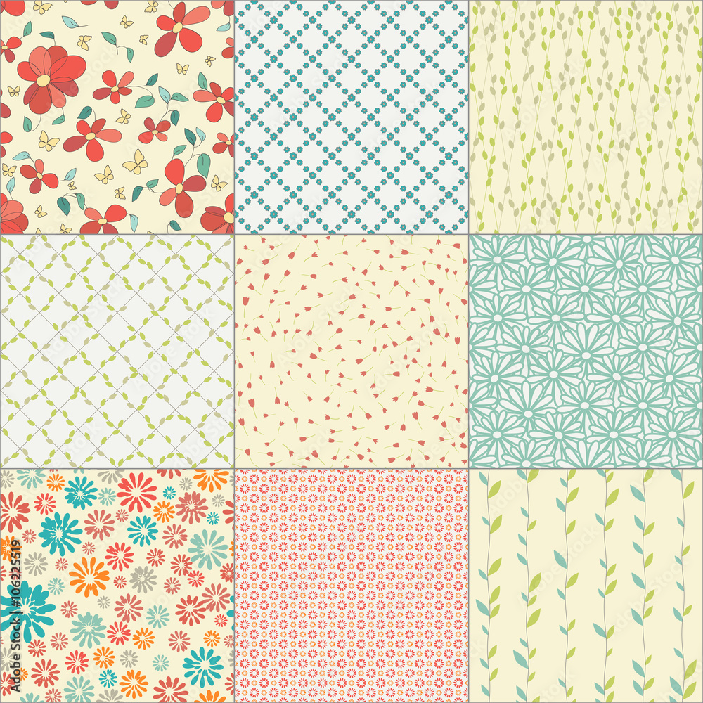 set of nine seamless floral patterns